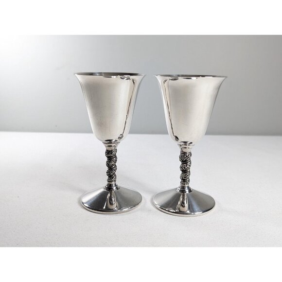 2 Vintage Primrose Plate Small Wine cups 2.5 oz, Silver Plated Stemmed Cordial - Picture 2 of 8